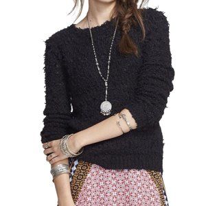 Free People September Song Shaggy Sweater in Black Cropped Boucle Knit Top Sz L